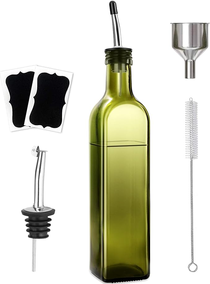 Leaflai Olive Oil Dispenser Bottle, 1 Pcs Green Glass Olive Oil Dispenser and Vinegar Dispenser Set with 2 Stainless Steel Pourers, 2Labels,1 Brush and 1 Funnel Oil Bottles for Kitchen, 17 oz(500ml) by Leaflai