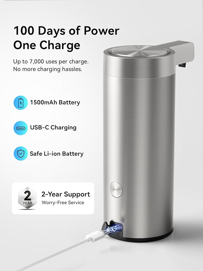 SUNLY Touchless Automatic Soap Dispenser – Clog-Free Pump, 0.2s Fast Sensor, USB-C Rechargeable, Smudge-Resistant Stainless Steel, for Kitchen & Bathroom Soap Dispenser - Image 5