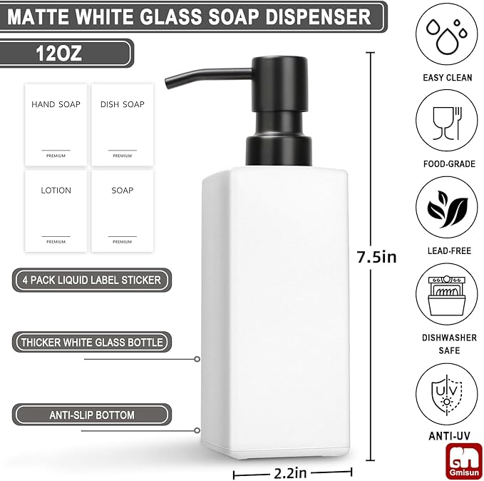 GMISUN White Soap Dispenser, Bathroom Hand Soap Dispenser, Glass Dispenser with Stainless Steel Pump, Kitchen Hand and Dish Soap Dispensers, 12 fl oz/350ml Liquid Refillable Soap and Lotion Bottle - Image 2
