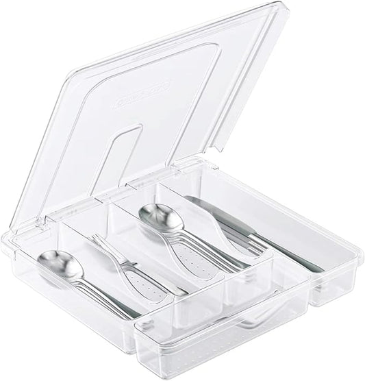 Utensil Holder for Countertop with Lid, Plastic Silverware Tray for Drawer, 5 Compartments Flatware Organizer,Transparent
