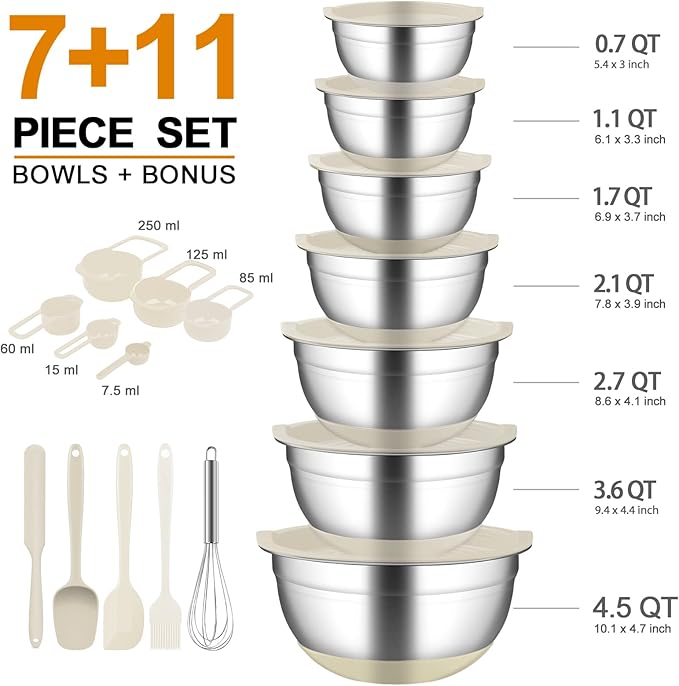 CHAREADA Mixing Bowls with Airtight Lids, 18pcs Stainless Steel Nesting Colorful Mixing Bowls Set Non-slip Silicone Bottom, Size 4.5, 3.6, 2.7, 2.1, 1.7, 1.1, 0.7 qt, Fit for Mixing & Serving (Khaki) - Image 3