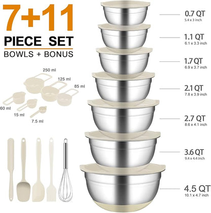 CHAREADA Mixing Bowls with Airtight Lids, 18pcs Stainless Steel Nesting Colorful Mixing Bowls Set Non-slip Silicone Bottom, Size 4.5, 3.6, 2.7, 2.1, 1.7, 1.1, 0.7 qt, Fit for Mixing & Serving (Khaki) - Image 3