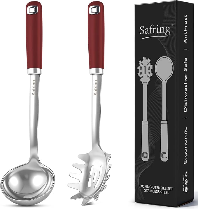 Safring Stainless Steel Soup Ladle and Spaghetti Spoon Set, Heat Resistant Rubber Handle, Dishwasher Safe, Kitchen Utensils for Cooking, Stirring, Serving Pasta, Soup & Sauce (Red) by Safring