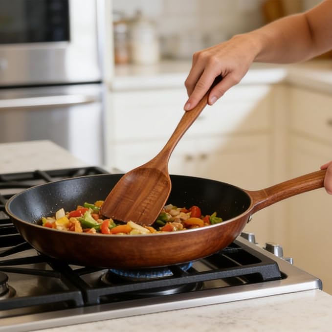 2Pcs Wooden Ladle and Spatula, Natural Acacia Long Handle, Large Capacity, Wooden Soup Spoon and Flat Frying Turner for Cooking, Fry, Stirring, Serving, Non-stick Kitchen Utensils Cookware