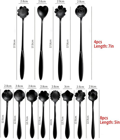 12 Pcs Flower Coffee Tea Spoons Set with Storage Bag, 4 Long & 8 Short Stainless Steel Teaspoons for Sugar Dessert Ice Cream Stirring, Cute Fancy Tableware for Tea Party Kitchen Cafe Bar(Black)