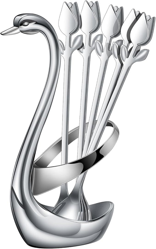 Silver Small Coffee Spoon Holder Set,Swan Base With 12 Pcs Demitasse Espresso Spoons Set,6" Mini Tulip/Rose Dessert Spoon,Stainless Steel Tea Spoons by SGvrPvz