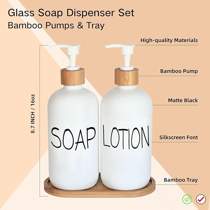 White Soap Dispenser Bathroom Set, Set with Glass Dispenser, Bamboo Pumps & Tray. Hand and Lotion Suitable for Farmhouse Decor - Image 2