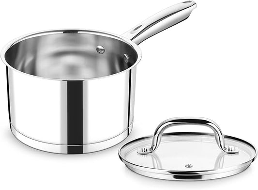 P&P CHEF 2 Quart Saucepan with Lid Set, Stainless Steel Small Cooking Pot Induction Sauce Pan for Pasta Soup, Ergonomic Handle & Tri-ply Base, Dishwasher Safe, 1 Pan by PPCHEF