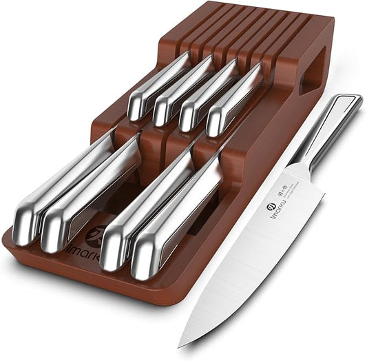 imarku Knife Set, 10 PCS Japanese Stainless Steel Knife Block Set, Kitchen Knife Sets with Wooden Drawer Organizer, Drawer Knife Set, Dishwasher Safe, Ultra Sharp Chef Knife, Gifts for Mom by imarku