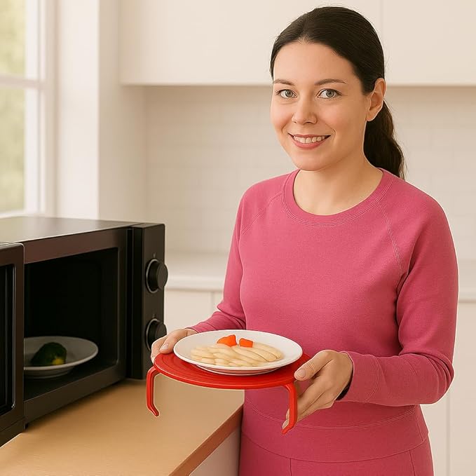 Microwave Multipurpose 4 in 1 Tray Stand Rack Splatter Guard Carry Tray Stacking Shelf (2, Red)