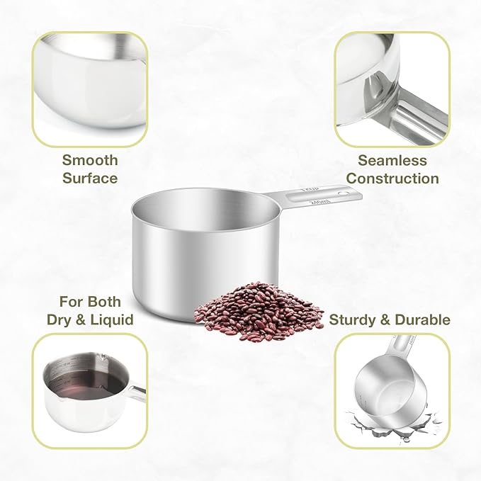 1PCS 1Cup (240ml, 8oz) Single Measuring Cup, Etched Inner Scale Stainless Steel Measure Scoop, Metric and US Measurement, Dishwasher Safe - Image 5