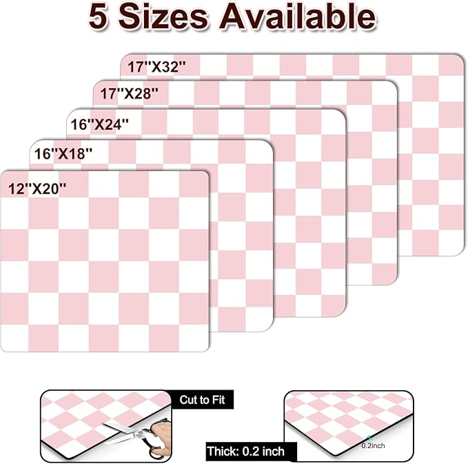 Dish Drying Mat for Kitchen Counter, 12" x 20" Checkered Coffee Bar Mat for Espresso Machine, Absorbent and Stain-Resistant Countertop Protector, Non-Slip Rubber Back Drying Pad, Pink & White