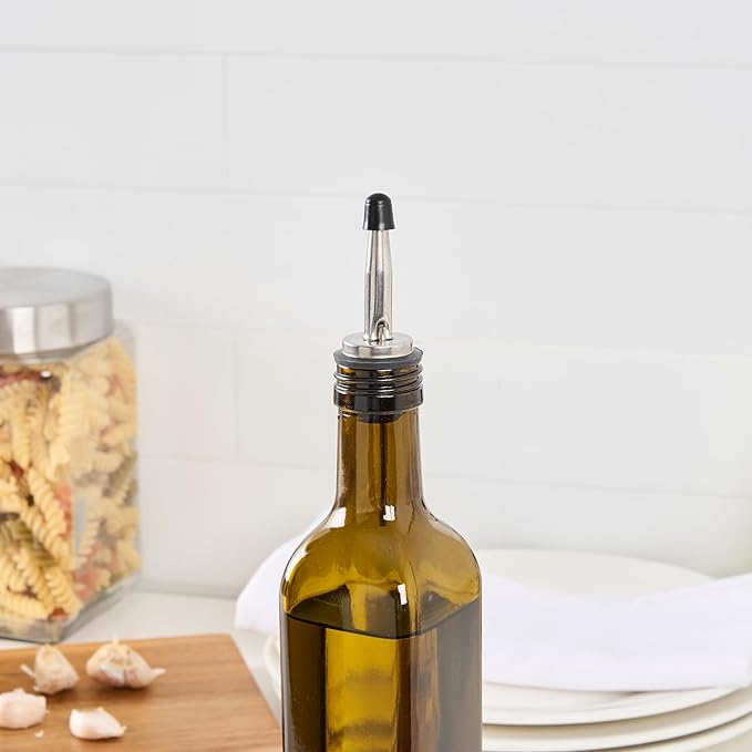 Restaurantware RW Base 16.9 Ounce Olive Oil Dispenser 1 Kitchen Oil Dispenser Bottle - With Stainless Steel Pourer Non-Leaking Amber Glass Olive Oil Pourer For Cooking Or Salad Dressings