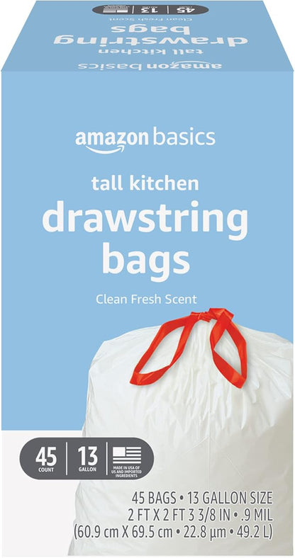 Amazon Basics Tall Kitchen Drawstring Trash Bags, Clean Fresh Scent, 13 Gallon, 45 Count (Previously Solimo) by AmazonBasics