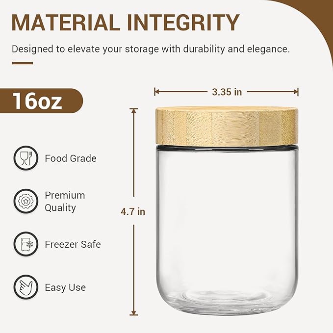 NETANY 6-pack 16oz Glass jars with Airtight Lids, Overnight Oats Containers with Bamboo Lids, Wide mouth Mason Salad jars, Glass Food Storage Containers for Snacks Yogurt Spice Sugar - Image 2