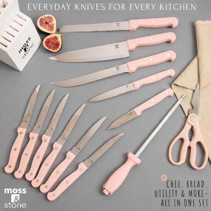 Moss & Stone Pink 14 Pcs Knife Block Set Stainless Steel, Premium Forged Kitchen Knives Set with High-Carbon Blades, Ergonomic Handle, Sharp Blade, Rust Resistant, Modern Style for Home & Chef - Image 4