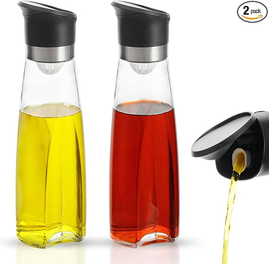 Premium Glass Olive Oil and Vinegar Dispenser Bottles Set, 2-Piece 16oz Kitchen Cooking Cruet with Auto-Open Lid, Non-Drip Pouring Spout, Oil Infuser Filter, Dishwasher Safe