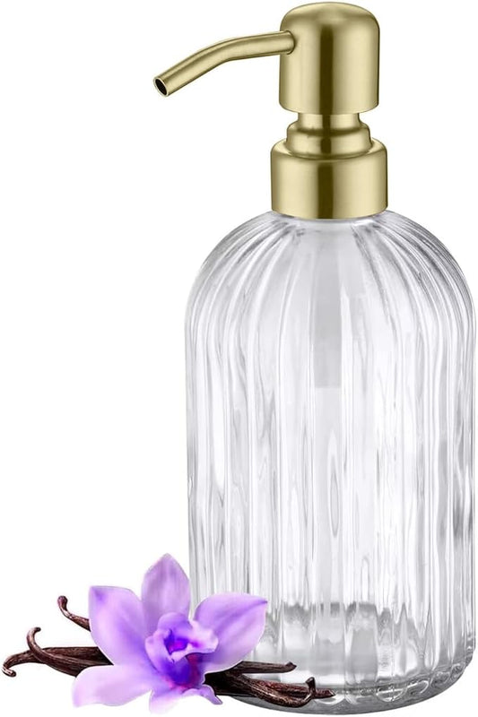 Gold Refillable Glass Kitchen Soap Dispenser,16oz Bathroom Soap Dispenser with Vertical Strip,Golden 304 Stainless Steel Pump Head, Clear Thick Glass,for Modern Home Decor, Countertop, Hotel