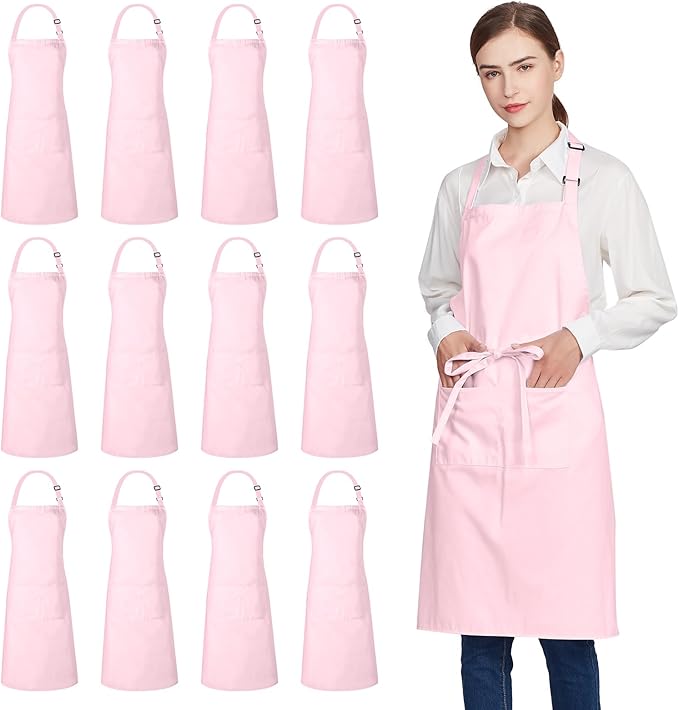 Jubatus 12 Pack 100% Cotton Aprons Bulk with 2 Pockets Cooking Chef Kitchen Adjustable Bib Apron for Women Men, Pink by Jubatus