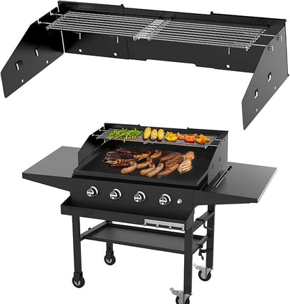 Universal Wind Guard and Warming Rack Set for Griddle From 28" to 36" with Front Grease, Wind Screen and Cooking Grid for Griddle without a Hood, Griddle Parts for Blackstone and Other Griddles