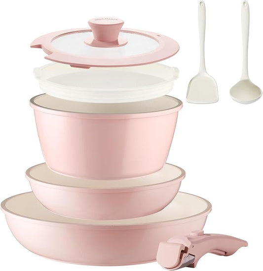 BECIGAR 8PCS Ceramic Cookware,Nonstick Ceramic Pan, Removable Handle Pots and Pans Set, Stackable Pan Set, Nonstick Pots and Pans Set Non Stick pot(Pink) by BecigarCookware
