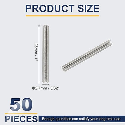 PATIKIL Slotted Spring Pin, 50 Pcs 3/32" x 1" (2.7mm x 25mm) 304 Stainless Steel Split Roll Pins Spring Dowel for Home Improvement Automotive Machine Repair, Silver