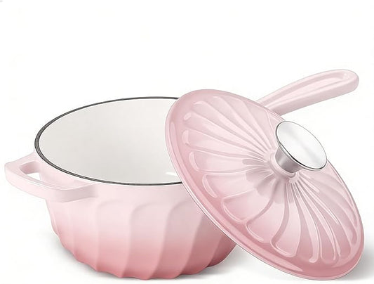 Enameled Cast Iron Sauce Pan, 2 Quart Enameled Saucepan with Lid, Small Cast Iron Pot for All Cooktops Making Pasta Sauce, Gravy, Puddings, Marinate, Boiling (Gradient Pink)