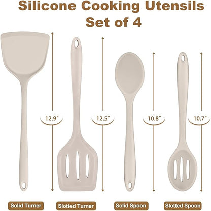 TeamFar Cooking Utensils Set of 4, Silicone Kitchen Utensils, Solid & Slotted Spoons Turners for Cooking/Serving/Frying, Healthy & Seamless Design, Heat-Resistant & Non-Scratch, Dishwasher Safe, Khaki - Image 2