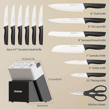 Astercook Knife Set, Kitchen Knives with Block and Sharpener 15 Pcs German Stainless Steel Knives Sharp Blade Dishwasher Safe Deba Knives with Ergonomic Handle, Elegant Black - Image 4