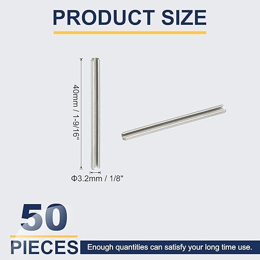 PATIKIL Slotted Spring Pin, 50 Pcs 1/8" x 1-9/16" (3.2mm x 40mm) 304 Stainless Steel Split Roll Pins Spring Dowel for Home Improvement Automotive Machine Repair, Silver