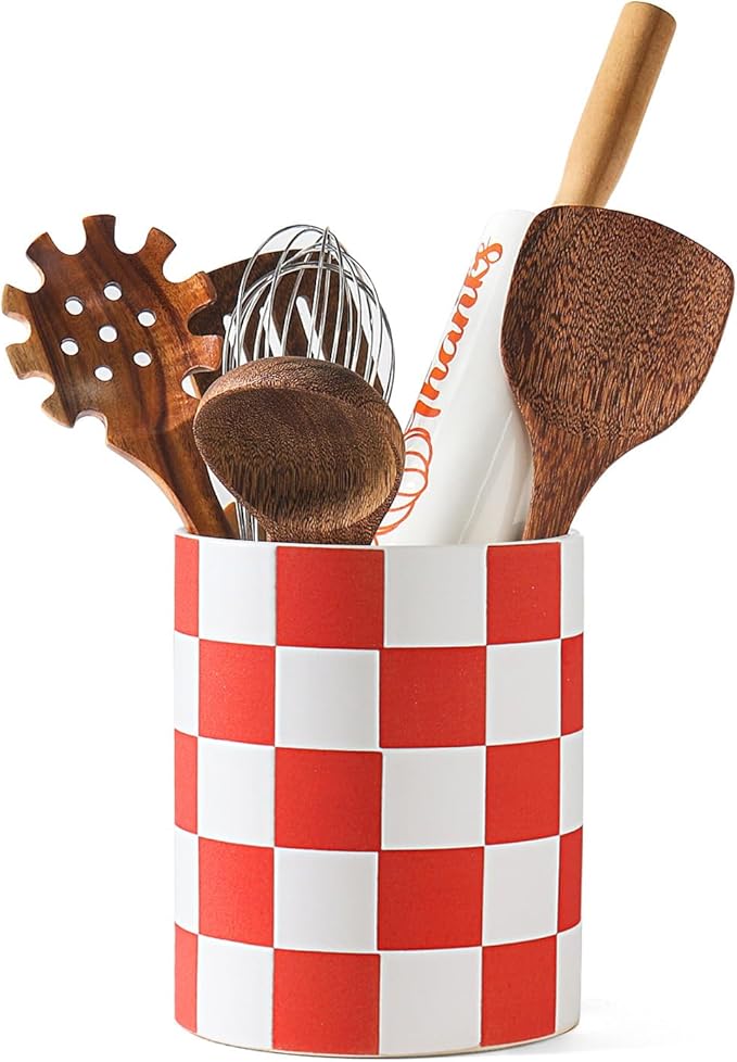 Utensil Holder, 7.2 Inch Checkered Utensil Holder, Ceramic Cooking Utensil Spoon/Spatula Holder for Countertop, Kitchen Decor and Accessories for counte(Red) by Swkien