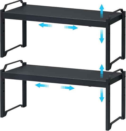 X-cosrack 25.5 Inches 2 Pack Expandable Cabinet Shelves, Stackable Shelf Organizer for Kitchen Cabinet Countertop Storage, Adjustable Counter Cupboard Pantry Organizer Shelf Rack Stand Riser, Black by X-cosrack