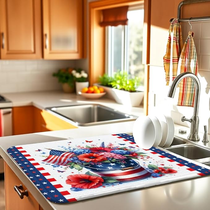 4th of July Large Dish Drying Mat for Kitchen Counter Independence Day 18''x24'' Microfiber Small Red Kitchen Draining Mat for Countertops Memorial Day Dish Drainer Drying Pad - Image 2