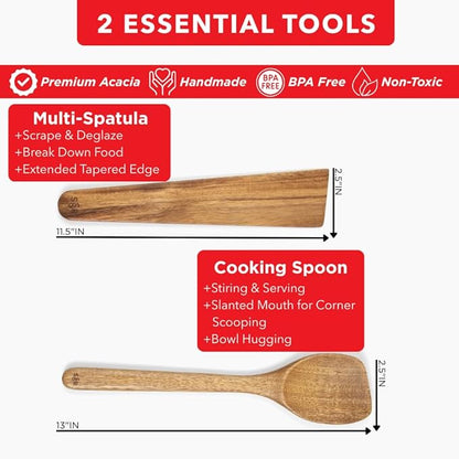 SLATE & ROYCE Wooden Spoon and Spatula Set, 2-Piece Non-Toxic Acacia Wood Cooking Utensils — Long Wooden Spoon for Cooking & Wood Spatula Scraper, Non-Stick, Cast Iron & Stainless Steel