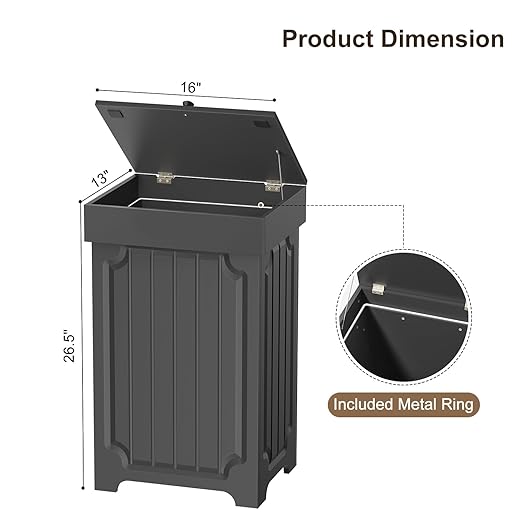 Povrgive Wood Trash Can Cabinet, 13 Gallon Hidden Kitchen Garbage Can with Lid, Farmhouse Dog Proof Trash Can, Metal Ring Included, 16" L x 13" W x 26.5" H, Black - Image 2