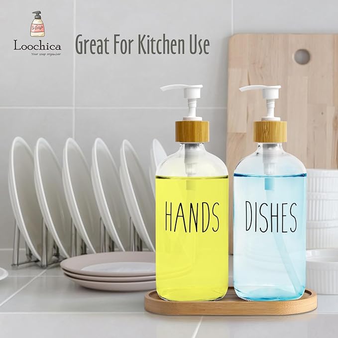LOOCHICA Clear Glass Soap Dispenser Set with Tray, Transparent Dish and Hand Soap Dispenser Set, Refillable Reusable Apothecary Soap Pump Dispenser Bottles for Bathroom and Kitchen - Image 3