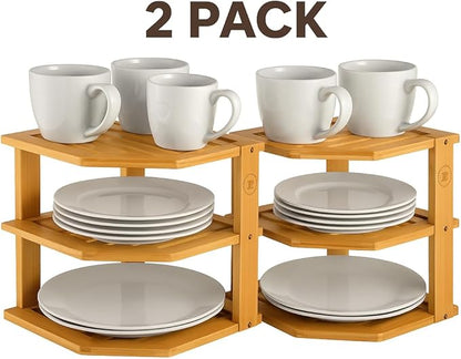 2-Pack Plate Organizer for Cabinet - Bamboo Corner Shelf for Kitchen or Bathroom Storage, Space-Saving Rack for Dishes, Countertop, Cabinet, Pantry - Organization & Housewarming Gift - Image 9