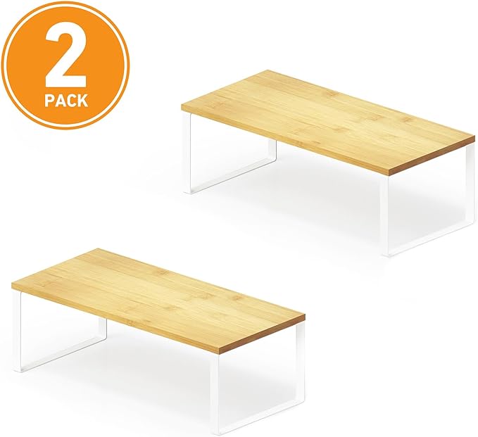 SpaceAid Cabinet Shelf Organizers 2 Pack, Kitchen Counter Rack Shelves Riser, Stackable Expandable Spice Rack, Pantry Cupboard Storage Organization (White and Natural, Long) - Image 7