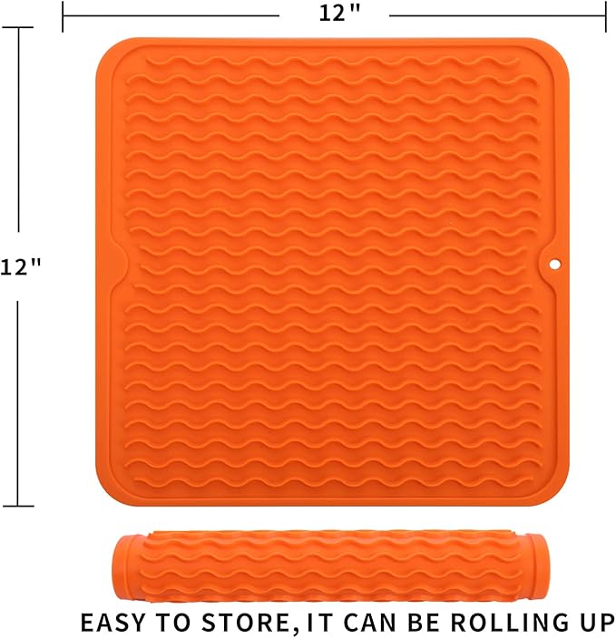 MicoYang Silicone Dish Drying Mat for Multiple Usage,Easy clean,Eco-friendly,Heat-resistant Silicone Mat for Kitchen Counter or Sink,Refrigerator or Drawer liner Orange M 12 inches x 12 inches - Image 2