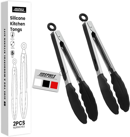 Premium Stainless Steel Heat Resistant Kitchen Tongs for cooking,set of 9" and 9" (Black),Non Scratch Silicone cooking Tong Tip for Cooking Pans,Strong Grip BBQ tongs for Grabbing Hot Food by JIDSPWLS-USStrore