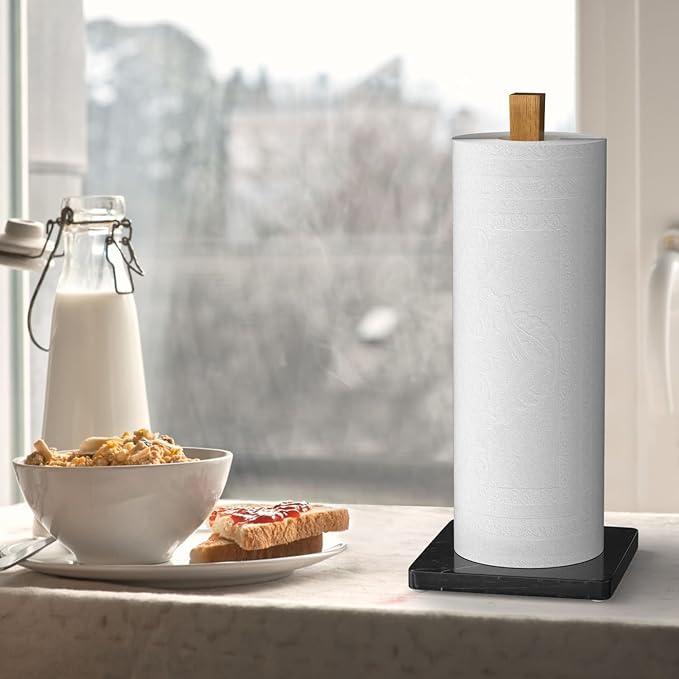 Buruis Wood Paper Towel Holder, Marble Base Modern Decorative Countertop Standing Rolls Holder for Kitchen, Toilet, Pantry and Bathroom (Square Marble Base Black) - Image 9