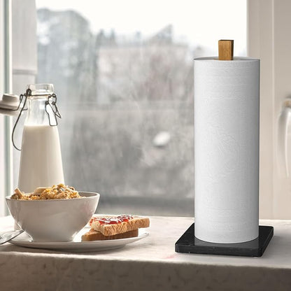 Buruis Wood Paper Towel Holder, Marble Base Modern Decorative Countertop Standing Rolls Holder for Kitchen, Toilet, Pantry and Bathroom (Square Marble Base Black) - Image 9