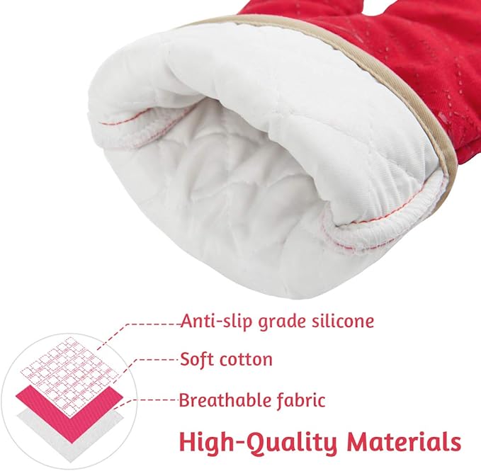 4Pcs Oven Mitts and Pot Holders Set, 572F Heat Resistant Oven Glove, Soft Cotton Lining with Non-Slip Surface for Kitchen Baking BBQ (Red) - Image 2