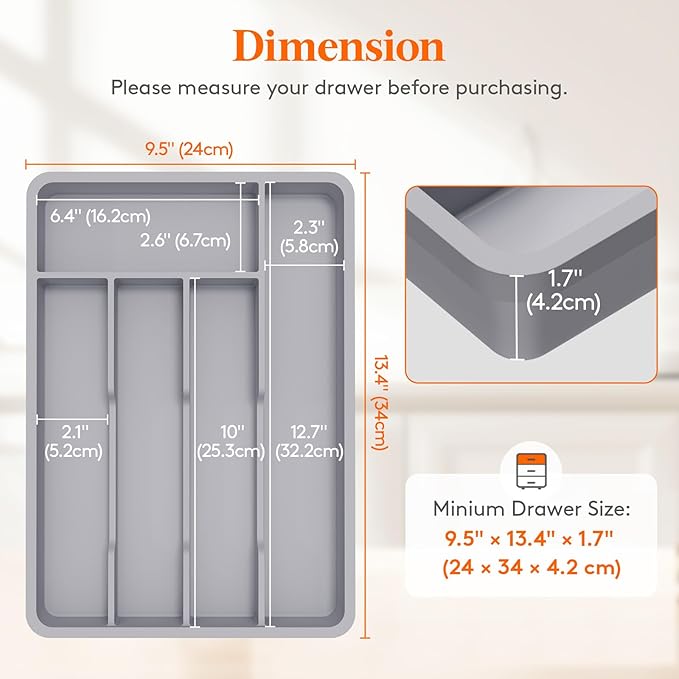 Lifewit Silverware Drawer Organizer Tray, Plastic Cutlery Storage for Kitchen, Flatware and Utensil Holder Divider for Spoons Forks Knives Tableware, 9.5 x 13.4", 5 Slots, Gray - Image 2