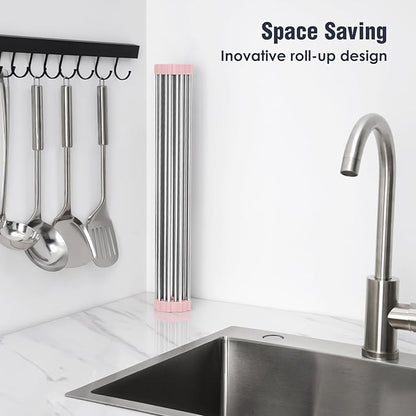 Tomorotec 21" x 15.5" Roll Up Dish Drying Rack Over Sink Drying Rack Sink Cover Kitchen Sink Accessories Gadget Multipurpose Organizer Foldable Stainless Steel Drainer - Image 3