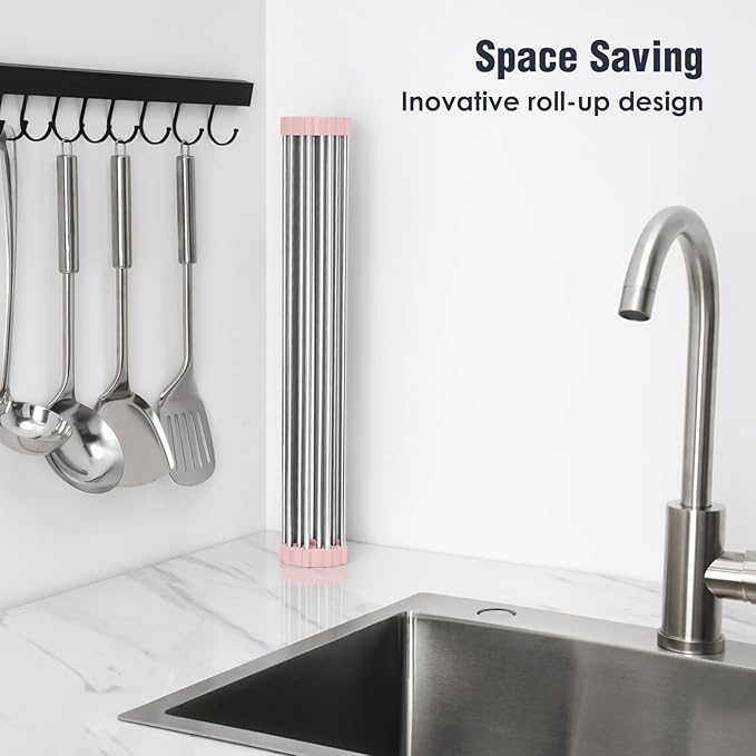Tomorotec 17.7" x 15.5" Roll Up Dish Drying Rack Over Sink Drying Rack Sink Cover Kitchen Sink Accessories Gadget Multipurpose Organizer Foldable Stainless Steel Drainer - Image 3