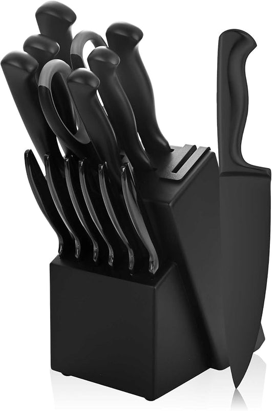 Black Knives Set, 15-Piece Stainless Steel Kitchen Knife Block Sets with Built-In Sharpener, Professional Knife Set with Scissors, Steak Knives