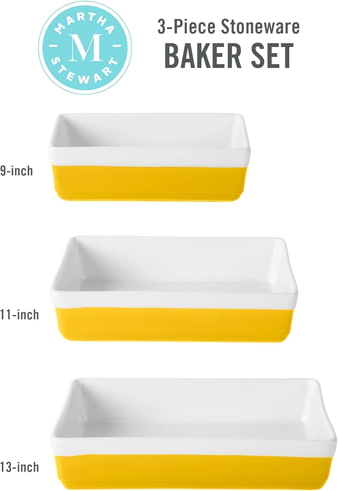 MARTHA STEWART 3-Piece Oven to Table Stoneware Bakeware Set – Baking Dish & Casserole Set – Yellow – Durable Oven-Safe Bakeware for Baking and Serving - Image 3