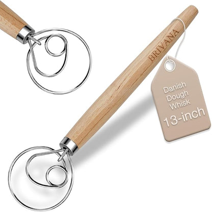 Danish Dough Whisk, Sourdough Bread Whisk with Wooden Handle, 13-Inch Stainless Steel Single Loop Dough Mixer for Bread Making, Pizza Dough, Batter and Pastry