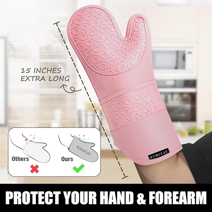 Rorecay 6pcs Oven Mitts and Pot Holders Sets for Kitchen, Extra Long Non-Slip Silicone Oven Gloves Heat Resistant 500 Degrees Potholders Hot Pads for Baking Cooking, Quilted Liner, Pink - Image 2